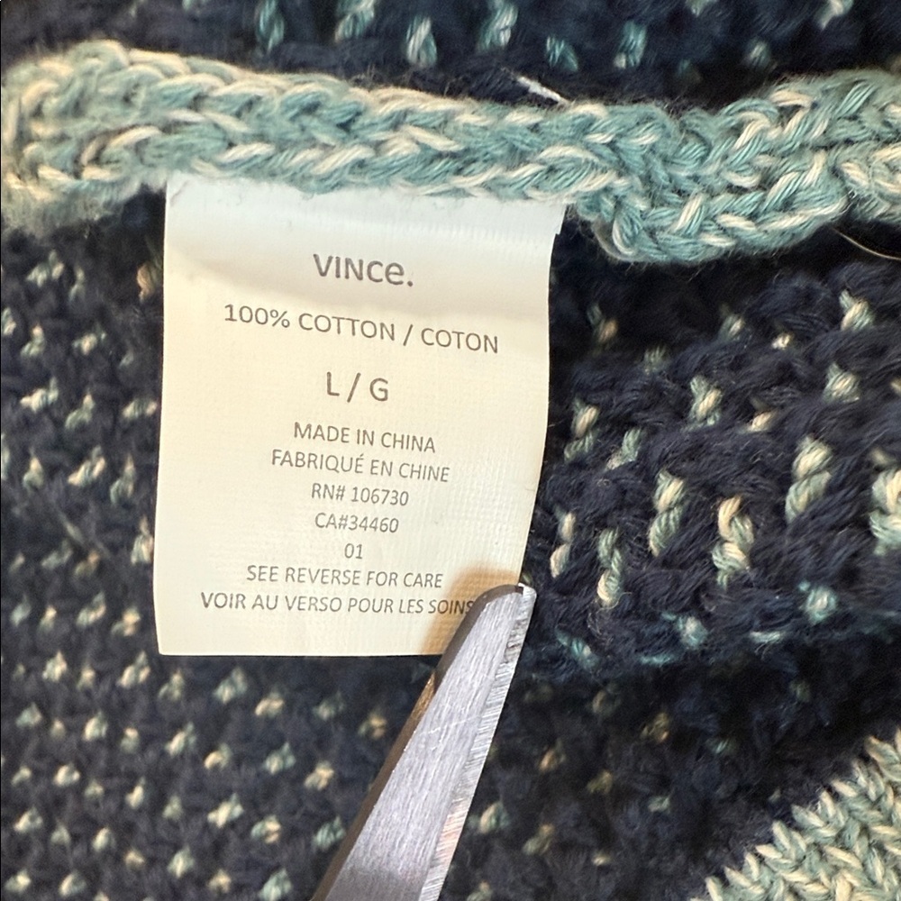 Vince Open Knit Colorblock Cotton Sweater Size L Blue Ivory - Picture 7 of 9